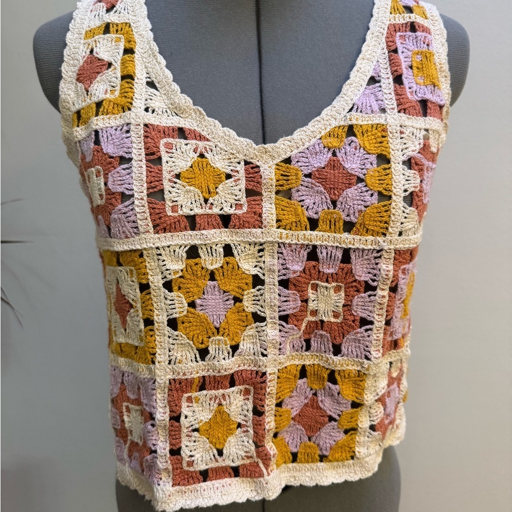 Cropped Multicolor Crochet Granny Square Top